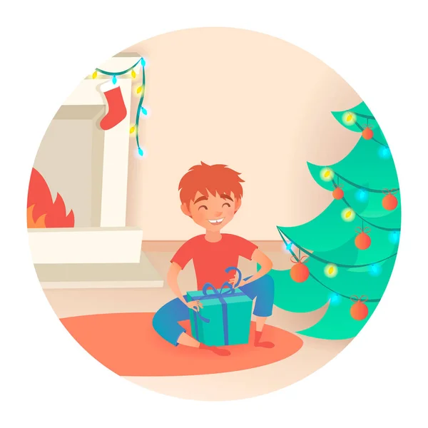 Boy with gift. Christmas or New Year. Near the decorated tree and fireplace. — Stock Vector