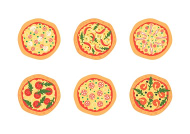 Pizzas with different toppings. Vector illustration. Cartoon stylized clipart