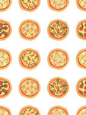 Farklı pizza ile Seamless modeli. Vektör arka plan. Stilize çizgi film