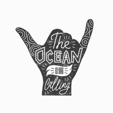 Sörf el vektör Illustration. Beyaz izole siluet. İlham alıntı. Yazı tasarımı. Tipografi