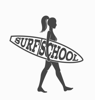 Kadın ile sörf sörf gider. Sörf okulu logosunu görmeniz gerekir. Vektör çizim. Düz