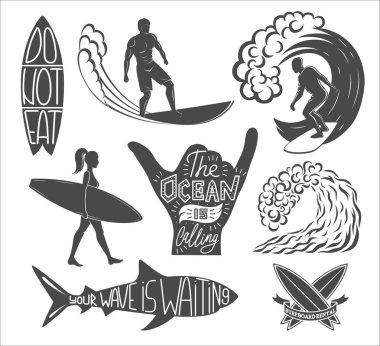 Sörf vintage tasarım öğeleri kümesi. Sörf logo vektör çizim. Sörf tahtası Logotype. Retro tarzı