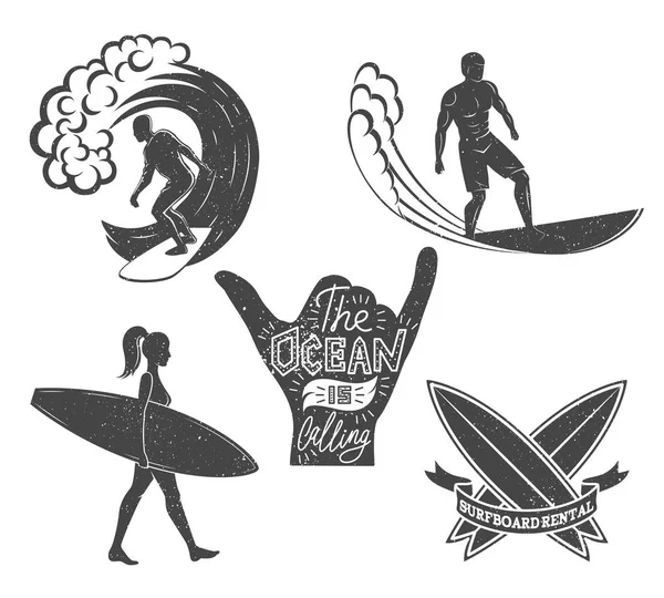 Sörf vintage tasarım öğeleri kümesi. Sörf logo vektör çizim. Sörf tahtası Logotype. Retro tarzı