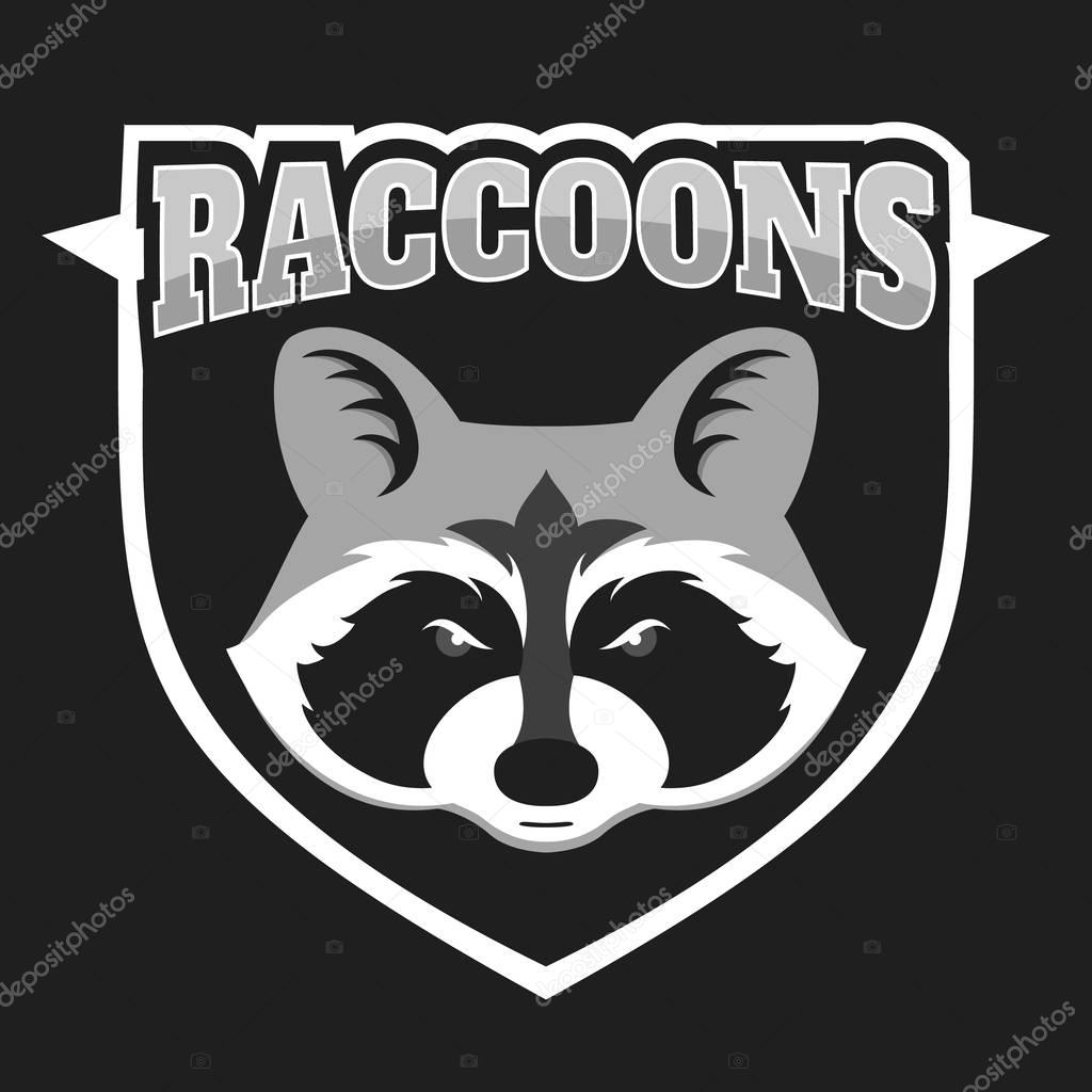 Raccoons head logo for sport club or team. Animal mascot logotype. Template. Vector illustration. Flat style