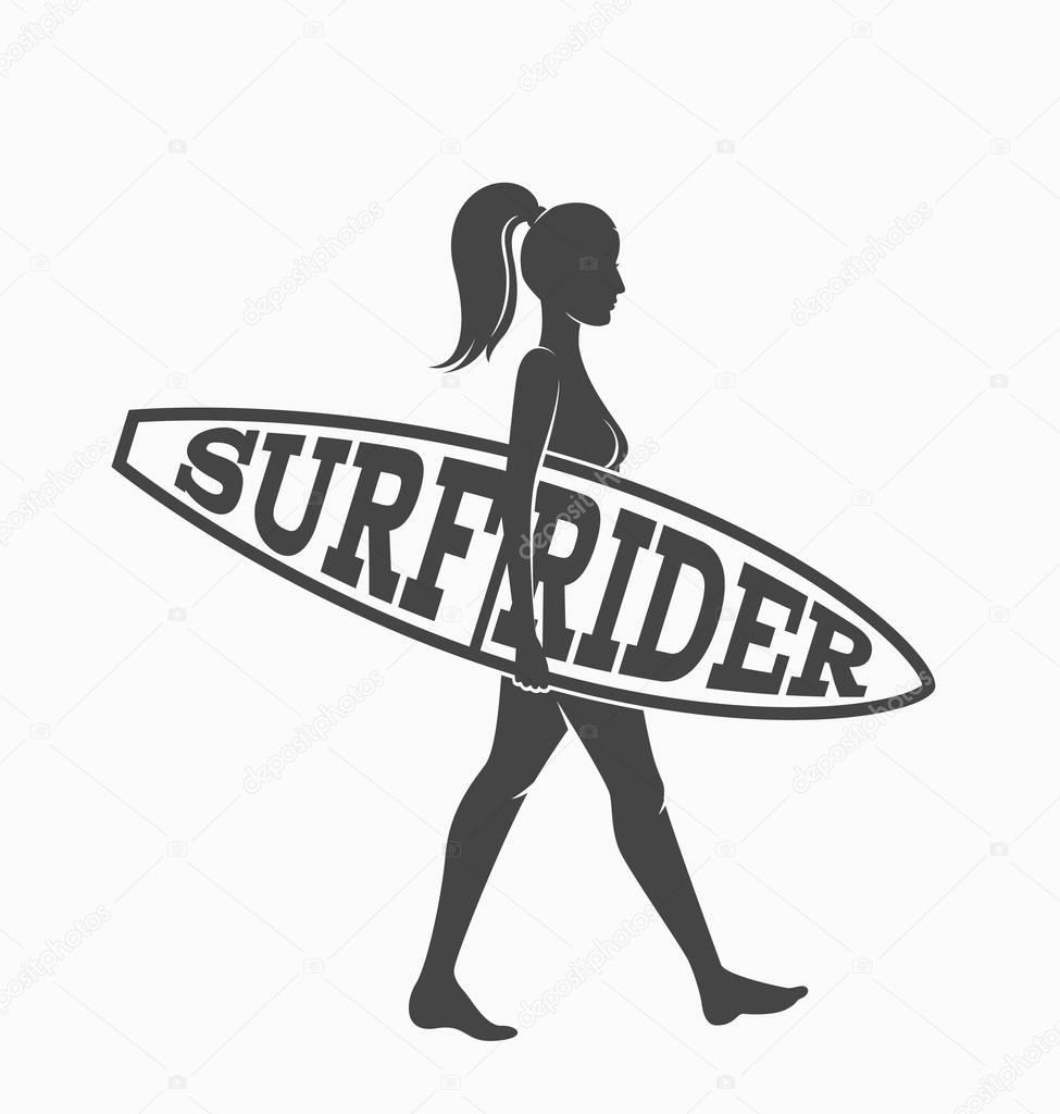 Woman goes surfing with surfboard. Surf rider logo. Vector illustration. Flat