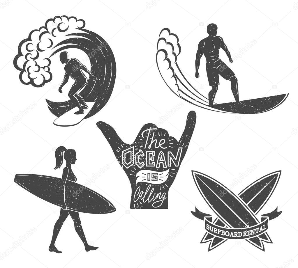 Set of surfing vintage design elements. Surf logo vector illustration. Surfboard logotypes. Retro style. Sea