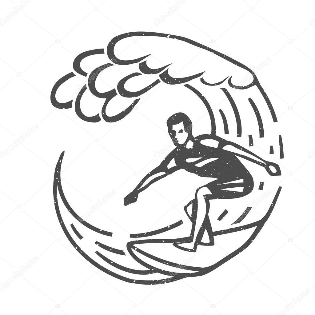 Vintage logo. Men surfing on big wave. Man on surfboard. Surf logotype. Flat