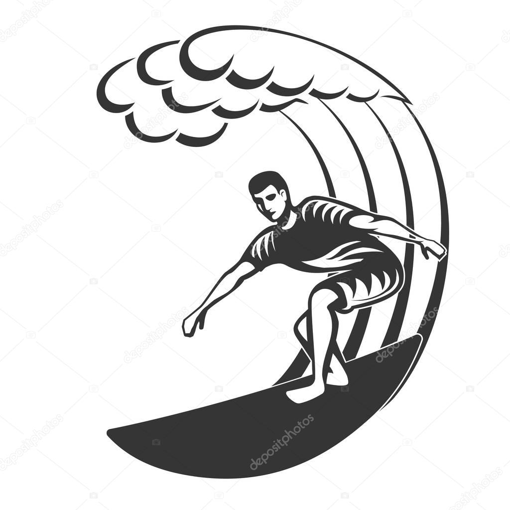 Vintage logo. Men surfing on big wave. Man on surfboard. Surf logotype. Flat