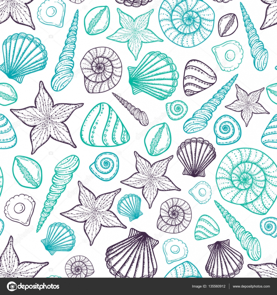 Beach Seashell Pattern. Vector seamless pattern with seashells doodle