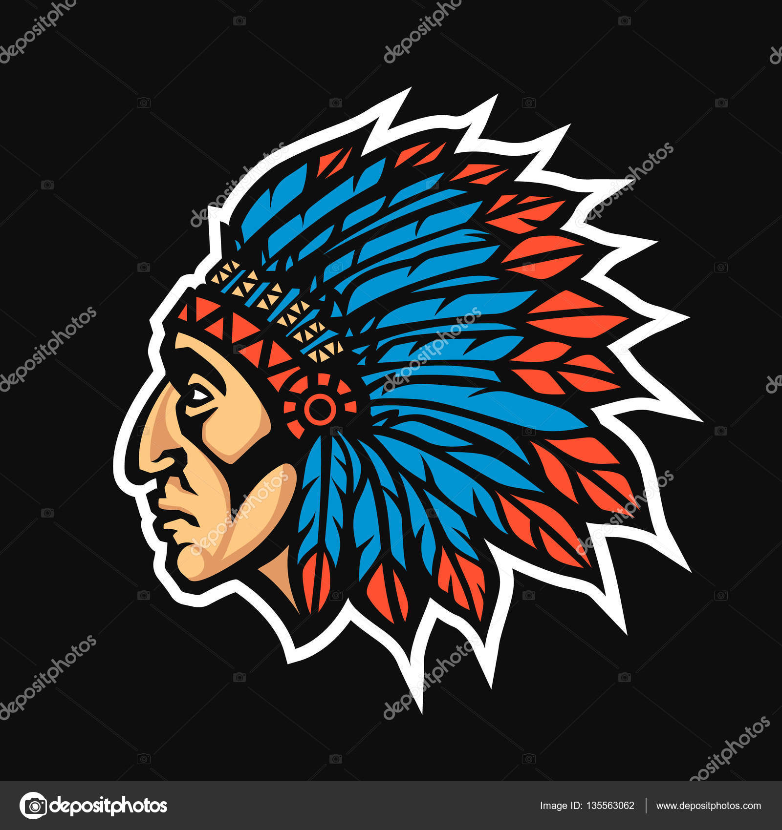 Chief head logo Native American Indian Chief head profile. Mascot sport team logo. Vector