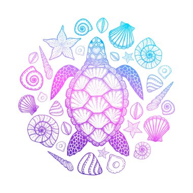 Deniz kaplumbağası ve kabukları hat sanat tarzı. El vektör çizim çekilmiş. Boyama kitabı için tasarım. Okyanus öğeleri kümesi