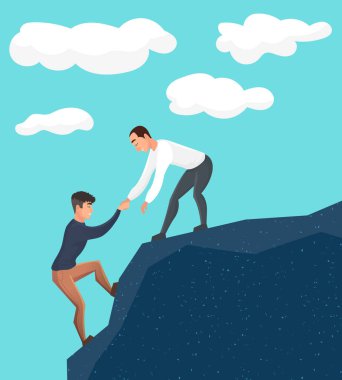 Ekip çalışması kavramı. İş adamları dağlarda. Vektör çizim karikatür tarzı.