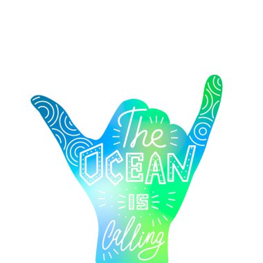 Sörf el vektör Illustration. Beyaz izole siluet. İlham alıntı. Yazı tasarımı. Tipografi poster