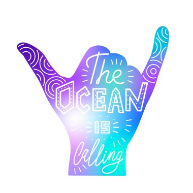 Sörf el vektör Illustration. Beyaz izole siluet. İlham alıntı. Yazı tasarımı. Tipografi