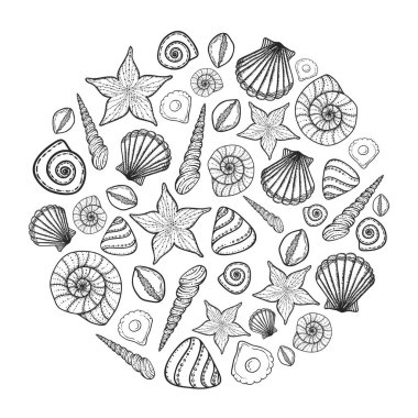 Poster kabukları ve starfishes ile. Deniz arka plan. Elle çizilmiş vektör çizim doodle tarzı.