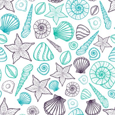 Beach Seashell desen. Deniz kabuklarını doodle tarzı ile vektör seamless modeli.