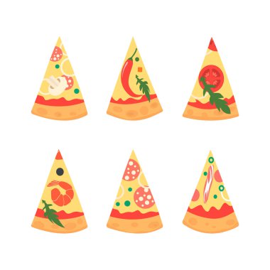 Pizza dilimleri karides, chili biber, mantar, pastırma, peynir, domates, salam da dahil olmak üzere farklı Topingler ile kümesi