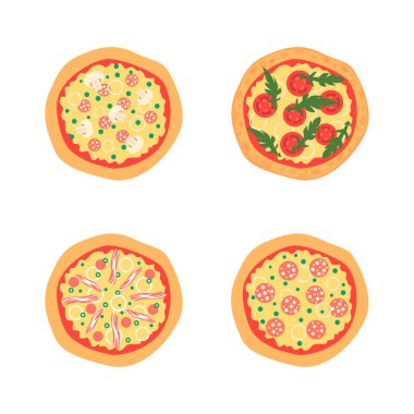 Margherita, pastırma, soğan, domates de dahil olmak üzere farklı Topingler ile pizza. Üstten Görünüm. Vektör çizim