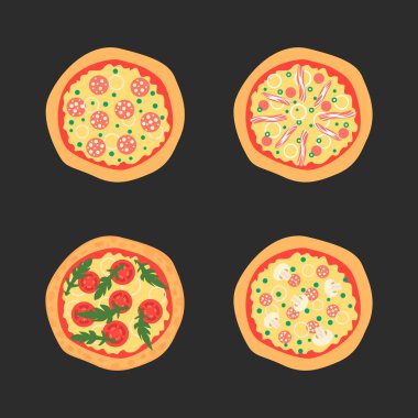 Margherita, pastırma, soğan, domates de dahil olmak üzere farklı Topingler ile pizza. Üstten Görünüm. Vektör çizim.