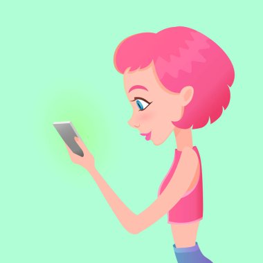 Akıllı telefon elinde tutan genç hippi kız. Vektör çizim. Tasarım şablonu.
