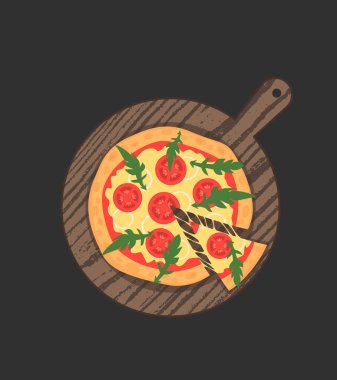 Margherita pizza siyah masada ahşap tahta üzerinde. Peynir erime ile dilim. Vektör çizim