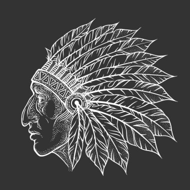 Native American Indian chief head profile. Vector vintage illustration. Hand drawn style. Bohemian element. Tattoo clipart