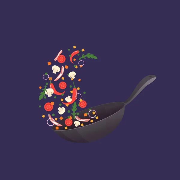 Pişirme işlemi vektör çizim. Asya gıda bir tavada saygısız. Karikatür tarzı