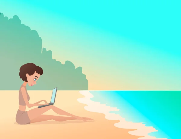 Νεαρό κορίτσι freelancer εργάζεστε σε εξωτερικούς χώρους στην παραλία με το laptop. Ελεύθερος επαγγελματίας — Διανυσματικό Αρχείο