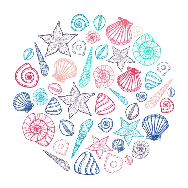 Cartel con conchas marinas y estrellas de mar. Fondo marino. Ilustración vectorial dibujada a mano en estilo doodle . — Vector de stock