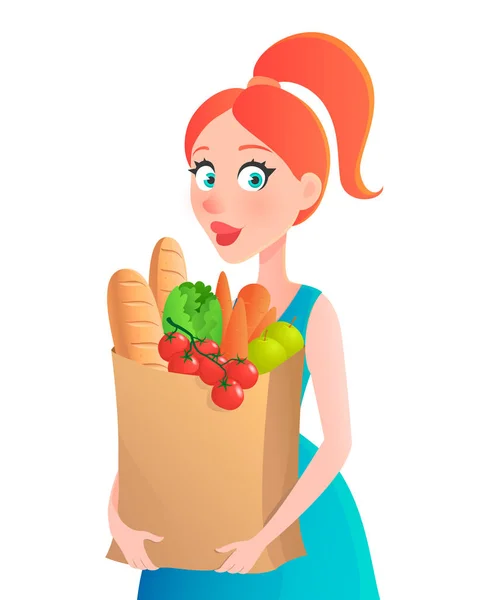 Vektor ilustrasi. Wanita muda memegang kantong kertas bahan makanan. Gadis dengan sayuran di supermarket . - Stok Vektor