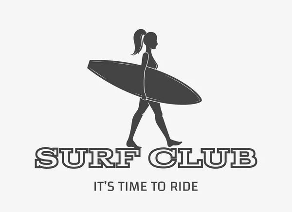 Frau surft mit Surfbrett. Surfen Vintage-Logo. Vektorillustration — Stockvektor