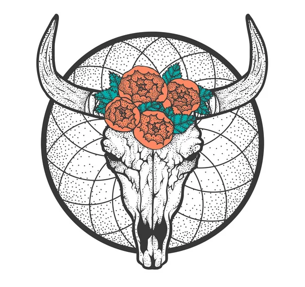 Cráneo de toro con rosas de estilo tribal nativo americano. Chantaje de tatuajes. Ilustración dibujada a mano vectorial. Diseño Boho — Vector de stock
