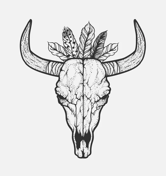 Stier schedel met veren native Americans tribal stijl. Tattoo blackwork. Vector hand getekende illustratie. Boho ontwerp — Stockvector