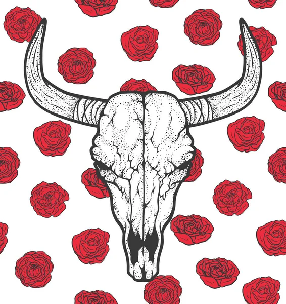 Teschio di toro con rose in stile tribale nativi americani. Ricatto del tatuaggio. Illustrazione disegnata a mano vettoriale. Design Boho — Vettoriale Stock