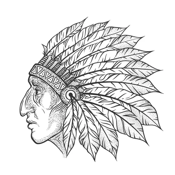 Native American Indian chief head profile. Vector vintage illustration. Hand drawn style. Bohemian element. Tattoo — Stock Vector