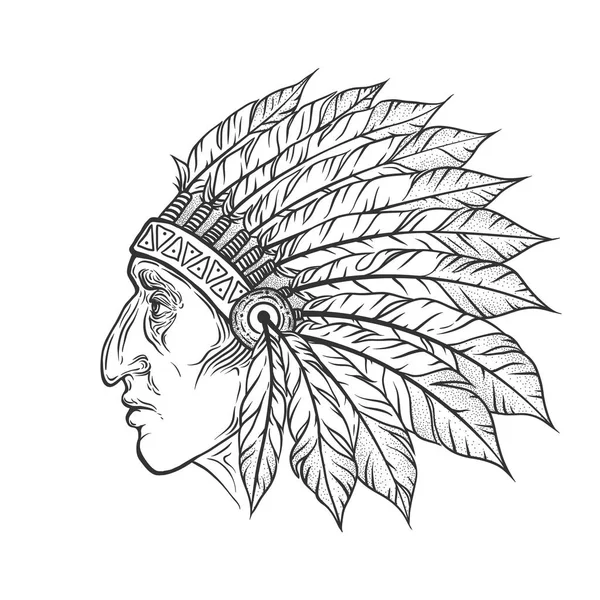 Native American Indian główny profil głowy. Vintage ilustracji wektorowych. Ręcznie rysowane stylu. Czeski elementu. Tatuaż — Wektor stockowy