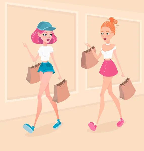 Deux jeunes filles hipster descendant la rue, avec des sacs à provisions et parlant entre elles. Illustration vectorielle . — Image vectorielle