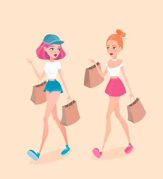 Két fiatal hipster lányok megy az utcán, a shopping táskák, és beszél egymással. Vektoros illusztráció. — Stock Vector