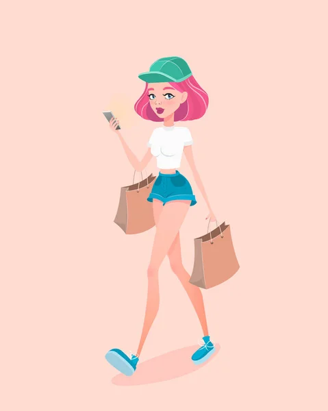 Fiatal csípő lány megy az utcán, a shopping táskák és smartphone tartja a kezében. Vektoros illusztráció. — Stock Vector