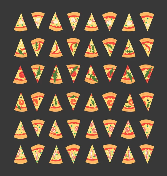 Σύνολο φέτες πίτσα με διάφορα toppings. Εικονογράφηση διάνυσμα. Κινούμενα σχέδια στυλ — Διανυσματικό Αρχείο