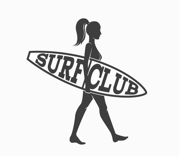 Žena jde surfování s Surf. Surf club logo. Vektorové ilustrace — Stockový vektor