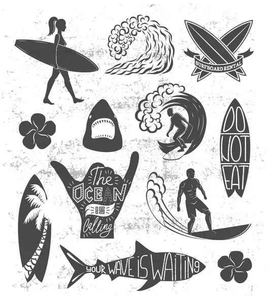 サーフィン ビンテージ デザイン要素のセットです。サーフ ロゴのベクター イラストです。サーフボードのロゴタイプ。レトロ — ストックベクタ