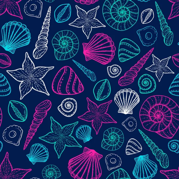 Beach Seashell Pattern. Patrón sin costura vectorial con conchas de mar estilo garabato . — Vector de stock