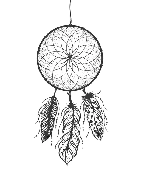 Ловец снов с подробными перьями. Татуировка в стиле Бохо. Векторная иллюстрация — стоковый вектор