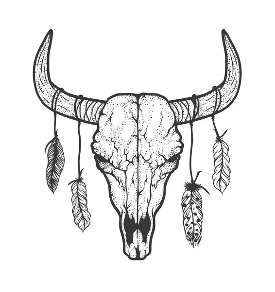 Bullenschädel mit Federn im indianischen Stammesstil. Tätowierung. Vektor handgezeichnete Illustration. Boho-Design — Stockvektor