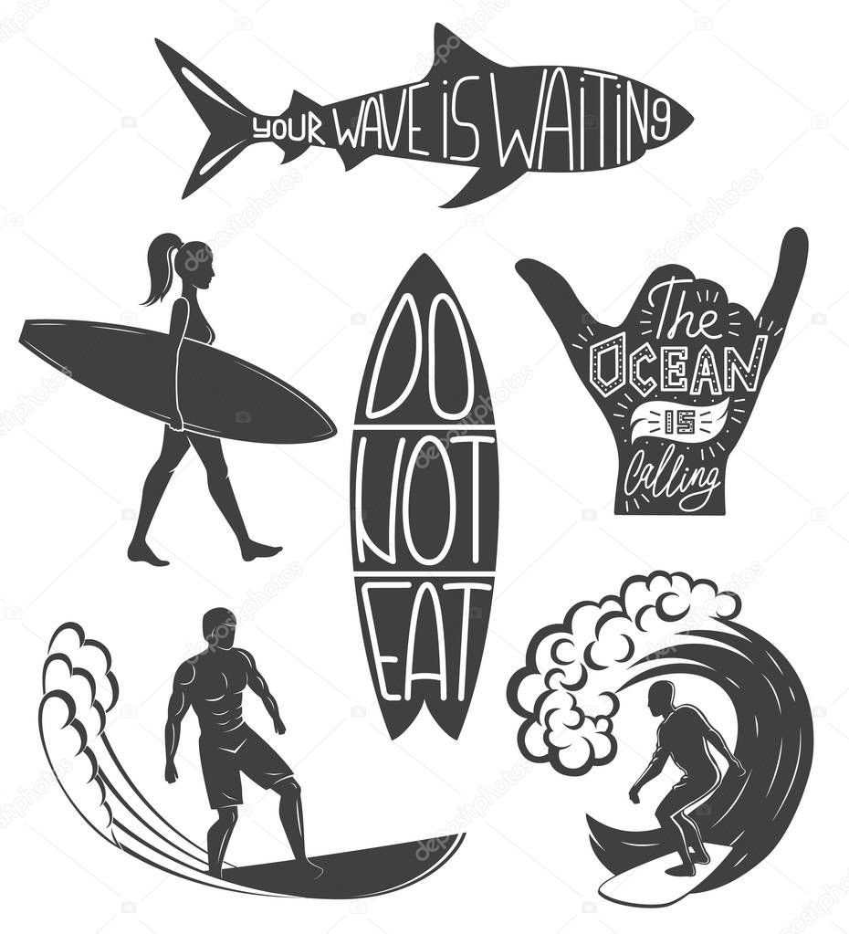 Set of surfing vintage design elements. Surf logo vector illustration. Surfboard logotypes. Retro style