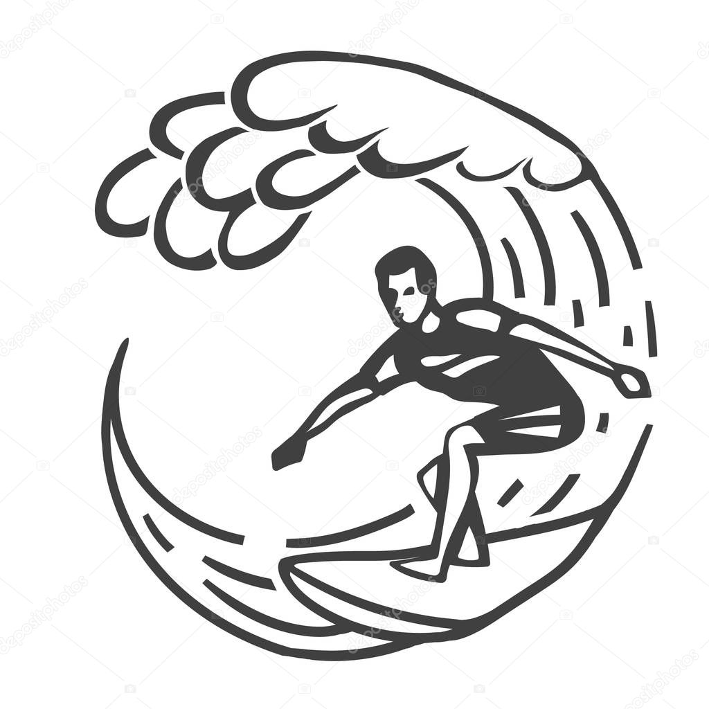 Vintage logo. Men surfing on wave. Surf logotype. Flat