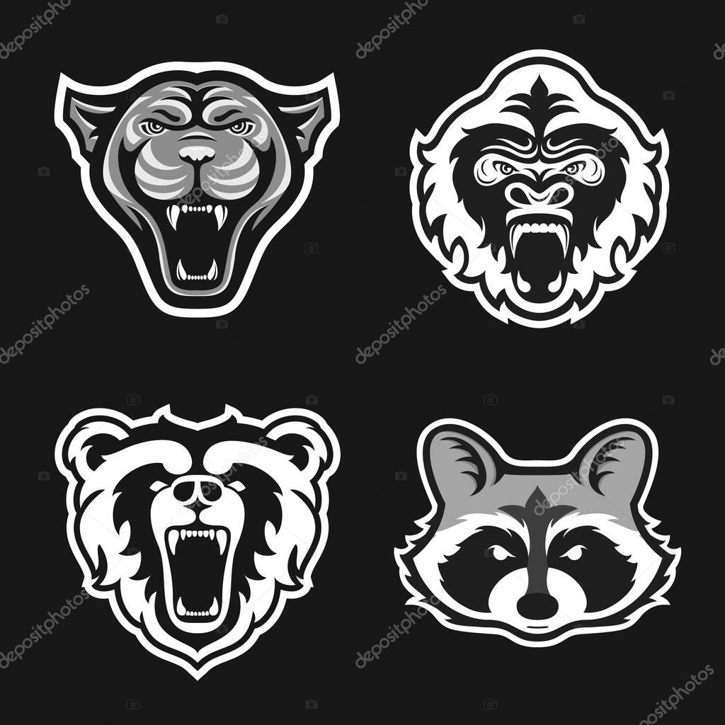 Set of logos for sport team. Panthers, Gorillas, Bears, Raccoons. Animal mascot logotype. Template. Vector illustration. Flat style