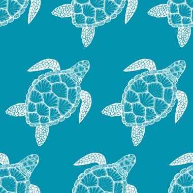 Deniz kaplumbağası hat sanat tarzı ile Seamless modeli. El vektör çizim çekilmiş. Okyanus öğeleri