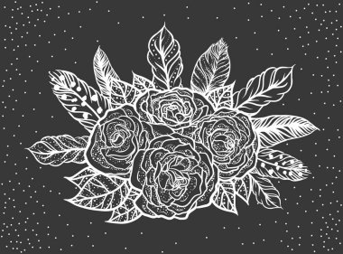 Rose ve tüyler buket vektör çizim siyahişi dövmesi var. Boho